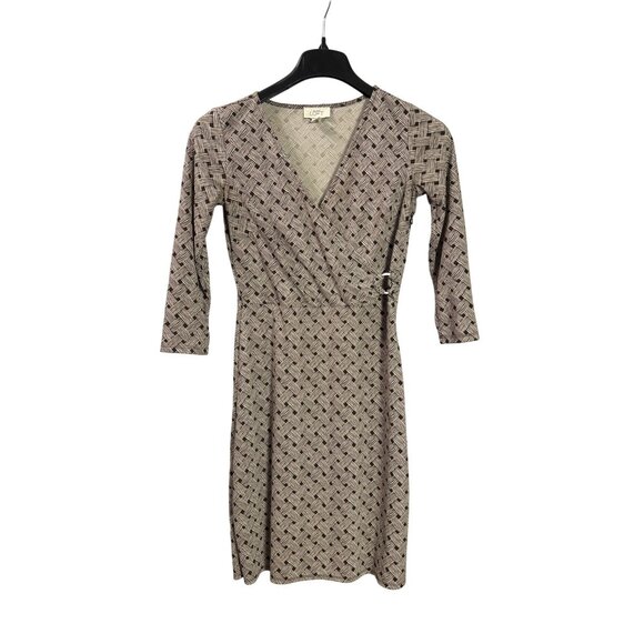 Ann Taylor Loft Brown Beige Basketweave Print Faux Wrap Midi Sheath Dress Size 2 - Picture 1 of 5